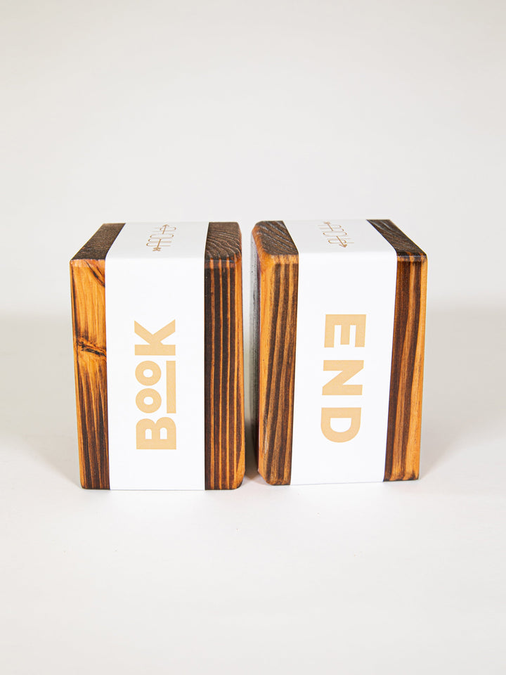 Wood bookends showing custom bookend paper sleeve packaging, branded with ARCHd logo on top
