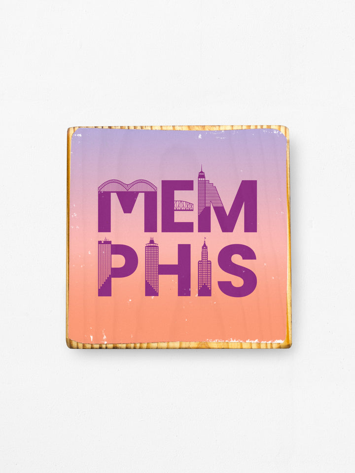 Memphis, TN, Colorful Gradient Skyline Illustration, Wood Wall Art