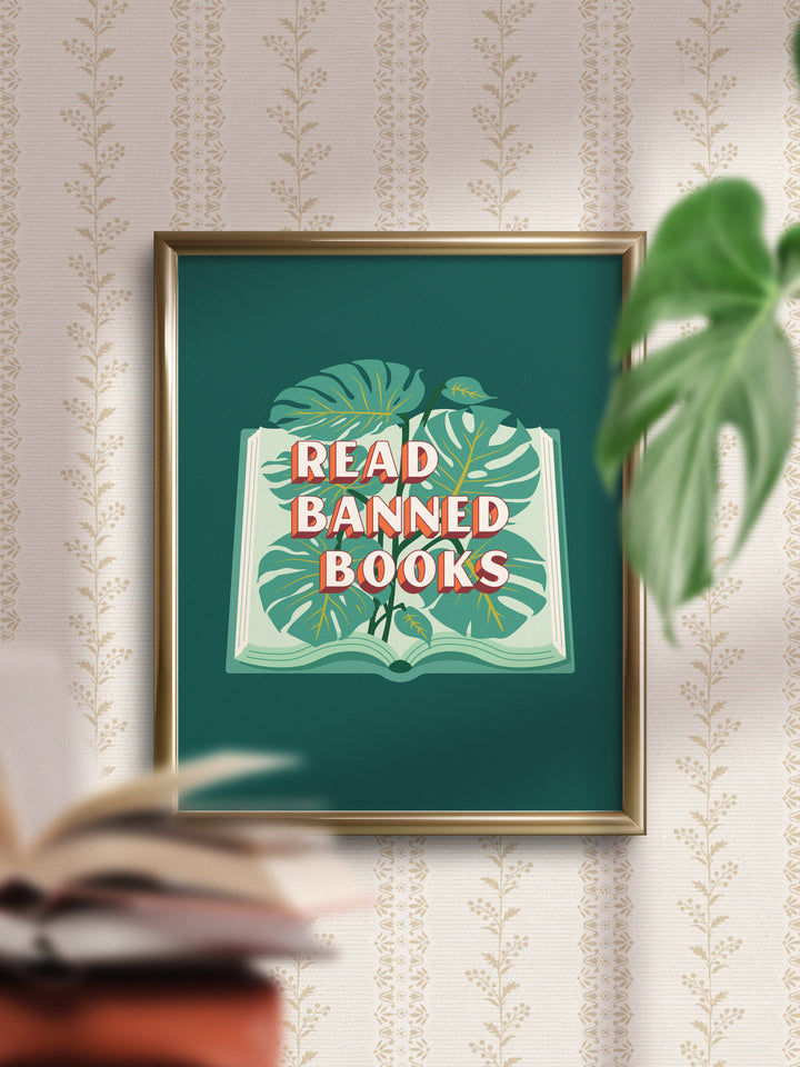 Read Banned Books, open book illustration wall art print