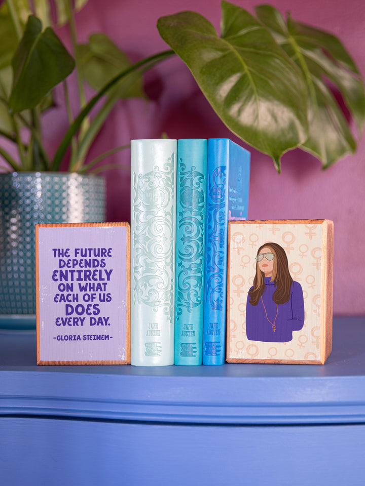 Gloria Steinem, Future Depends Quote, Wood Bookend Set of 2