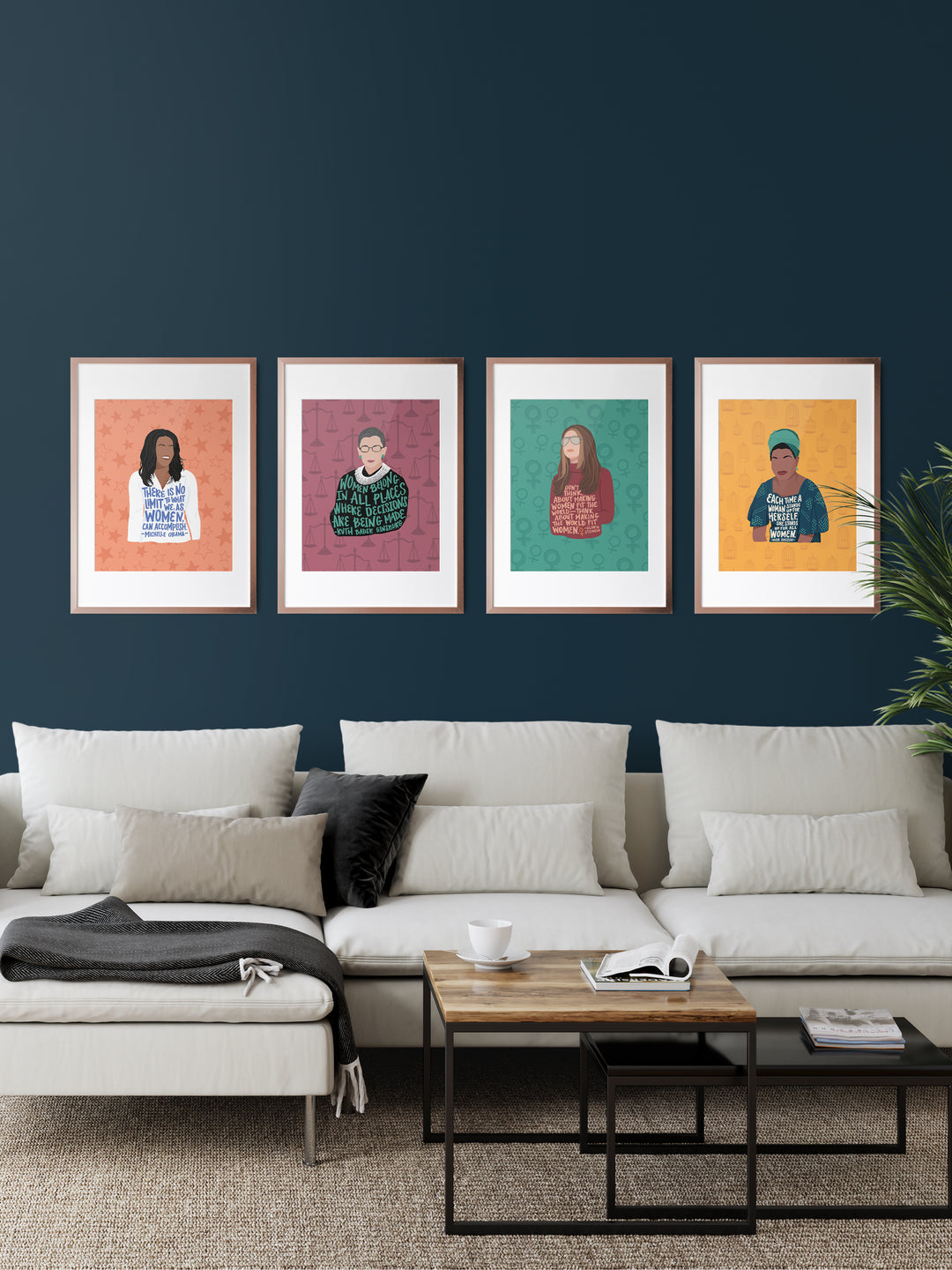 Feminist illustration art print gallery wall living room decor, Ruth Bader Ginsburg, Maya Angelou, Michelle Obama, Gloria Steinem. Gloria Steinem art