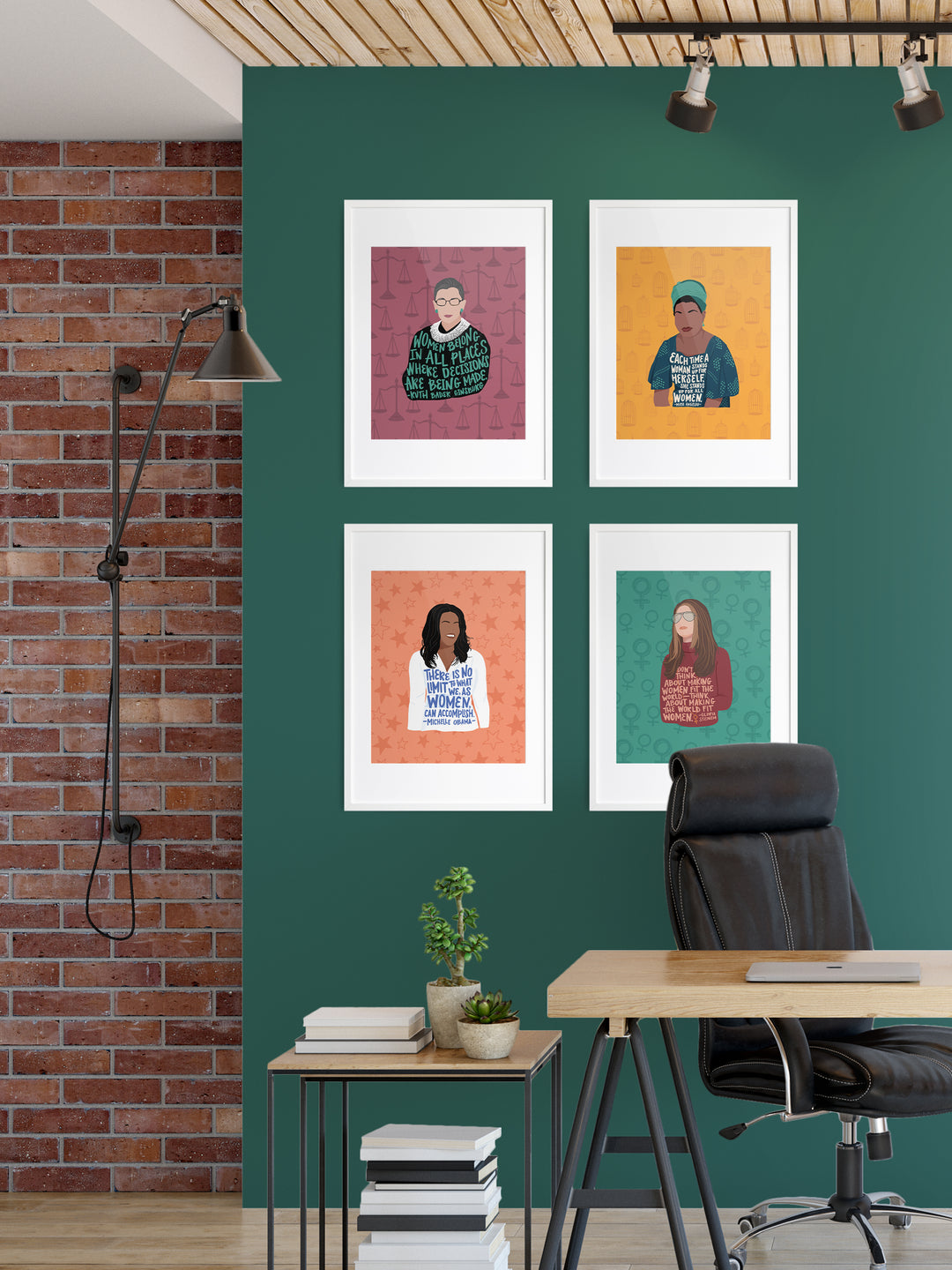 Feminist illustration art print gallery wall office decor, Ruth Bader Ginsburg, Maya Angelou, Michelle Obama, Gloria Steinem. Gloria Steinem art