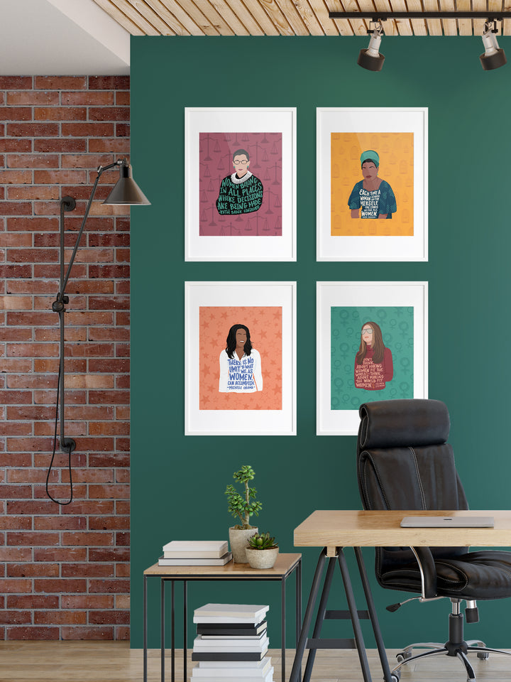 Feminist illustration art print gallery wall office decor, Ruth Bader Ginsburg, Maya Angelou, Michelle Obama, Gloria Steinem. Gloria Steinem art