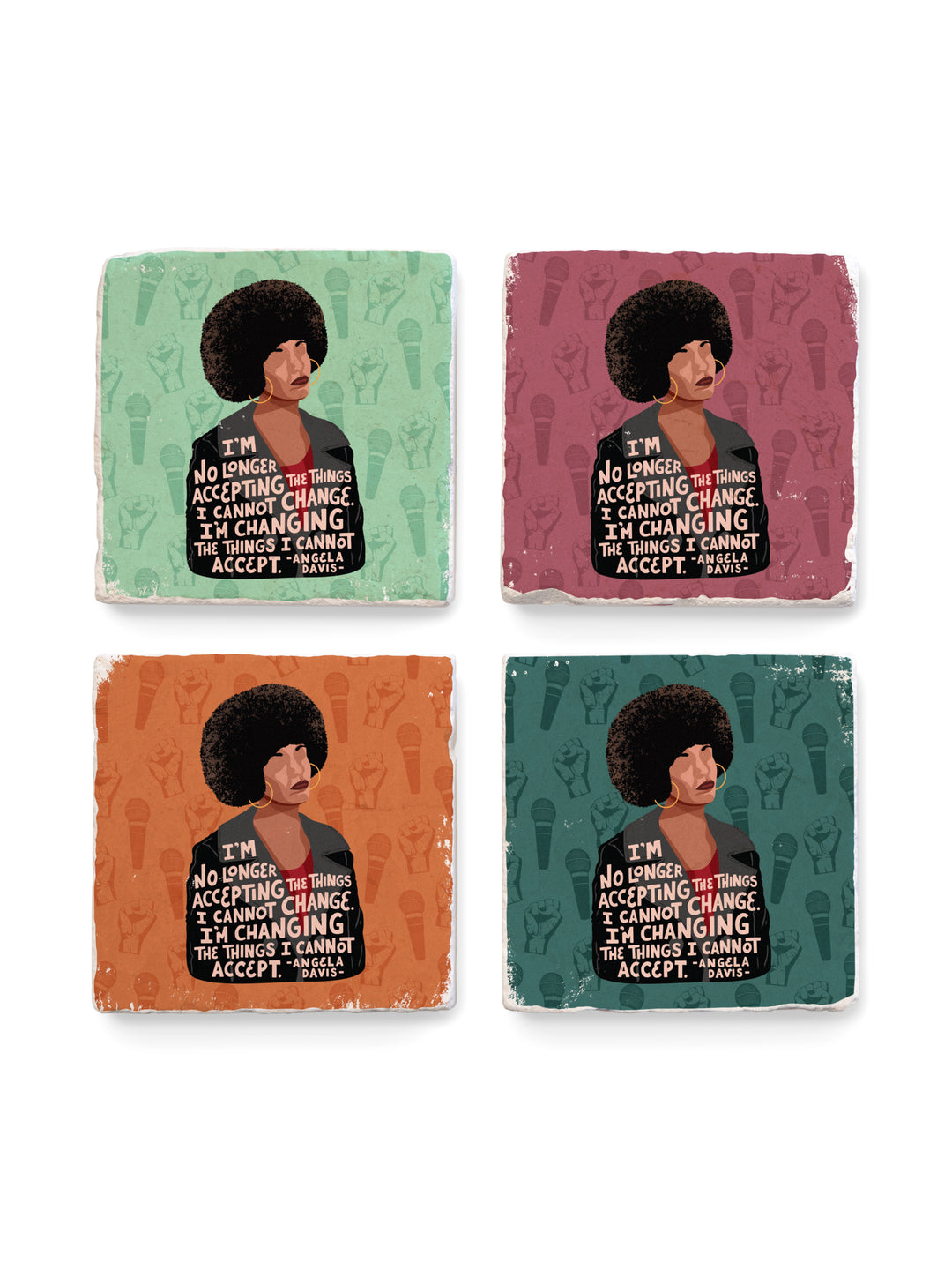 angela davis coaster set of 4 with various colored backgrounds. Angela Davis art
