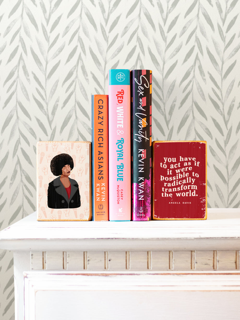 Angela Davis radically change the world quote illustration feminist icon wood bookend shelf decor gift idea. Angela Davis art