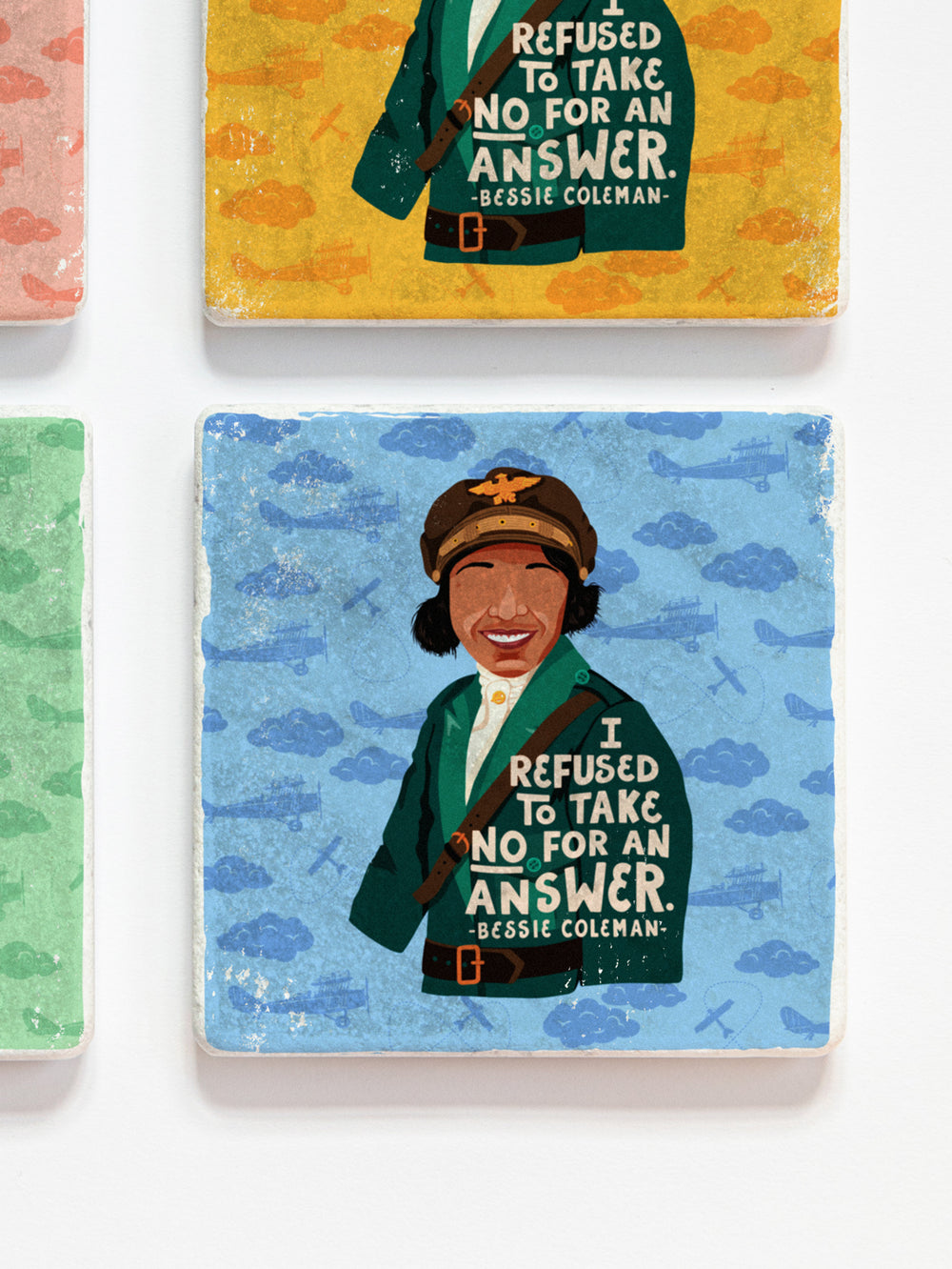 Close up of light blue Bessie Coleman, American Aviator, marble coaster. Bessie Coleman art