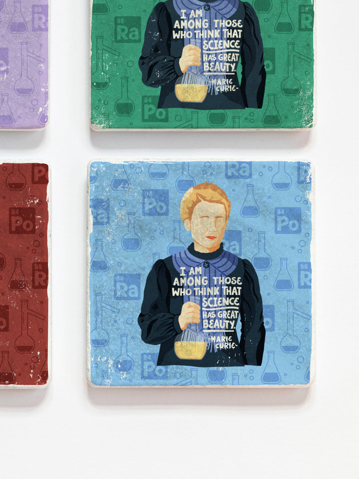 Close Up view of light blue Marie Curie marble coaster. Marie Curie art