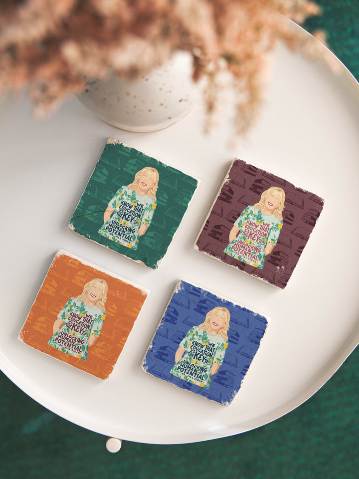Dr. Jill Biden coaster set on white table. Jill biden quote