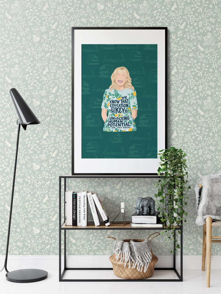 jill biden poster framed and hanging on wall above shelf. Jill biden quote
