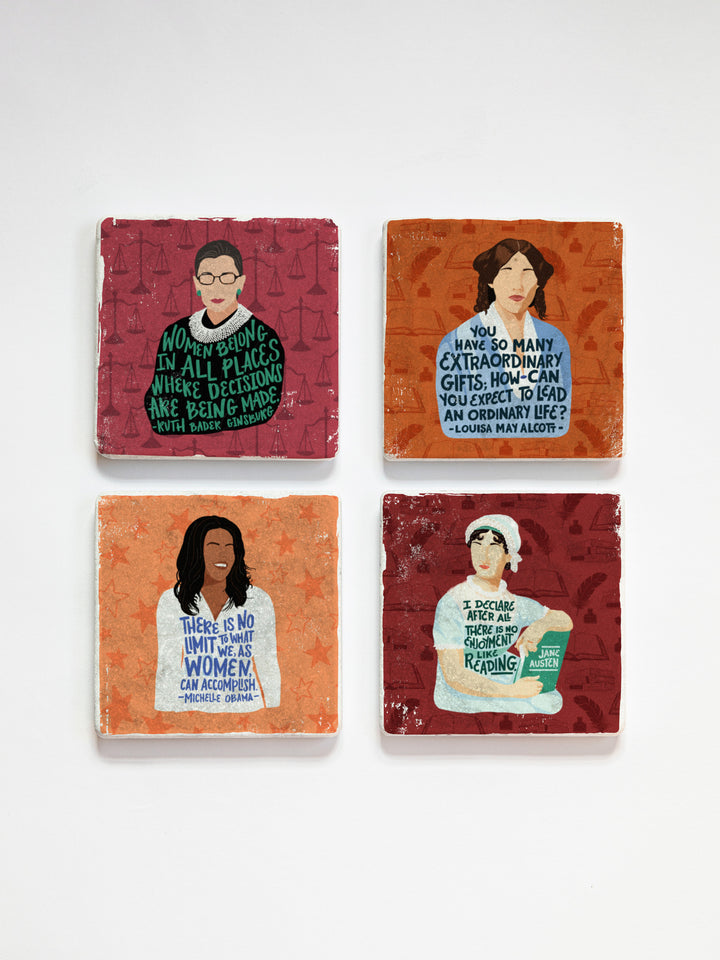 Coaster set of 4 on white background. Illustrations on coasters depict RBG on a red background, Louisa May Alcott on a dark orange background, Michelle Obama on a light orange background, and Jane Austen on a dark red background. Each figure has an original quote by the figure across their chest.