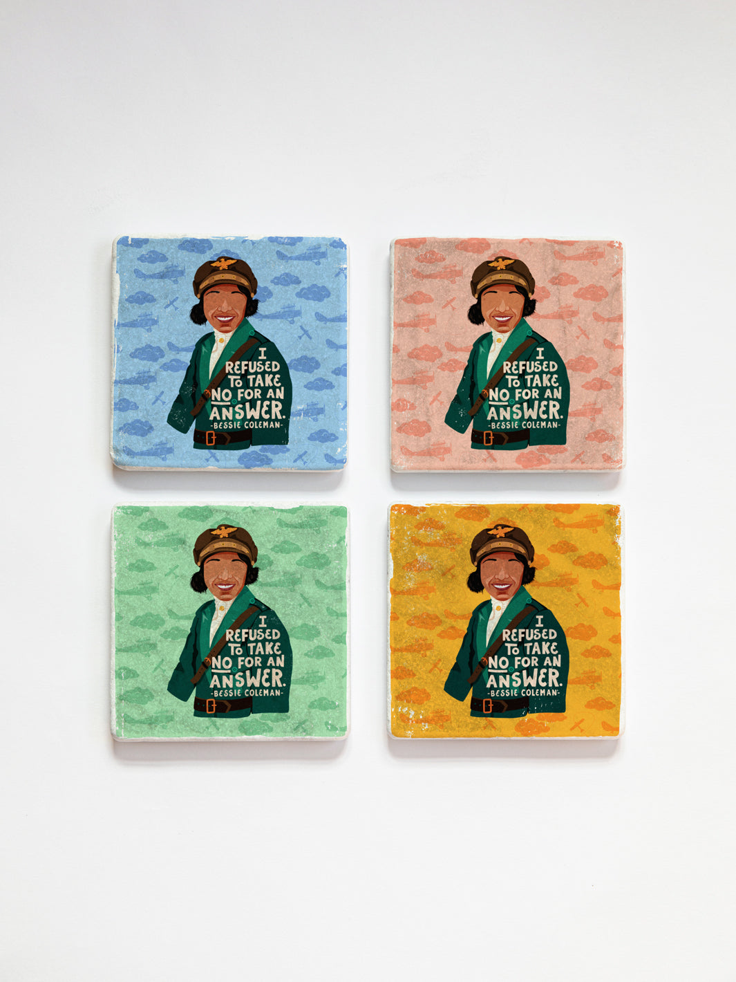 Bessie Coleman, American Aviator, marble coaster set of 4 in light pink, yellow, green and light blue on a white background. Bessie Coleman art