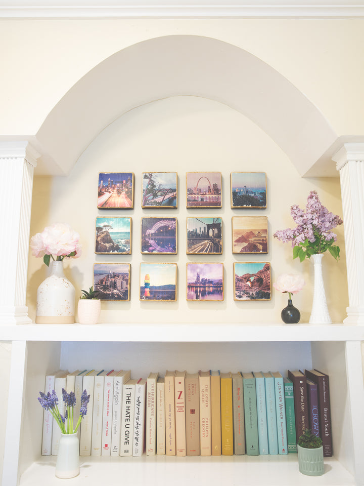 5x5 gallery wall of a variety of photography wood art from ARCHd