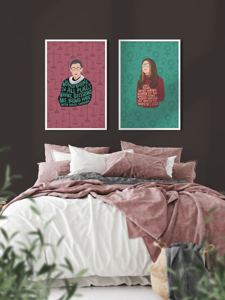 Gloria Steinem and Ruth Bader Ginsburg feminist women quote posters. Gloria Steinem art