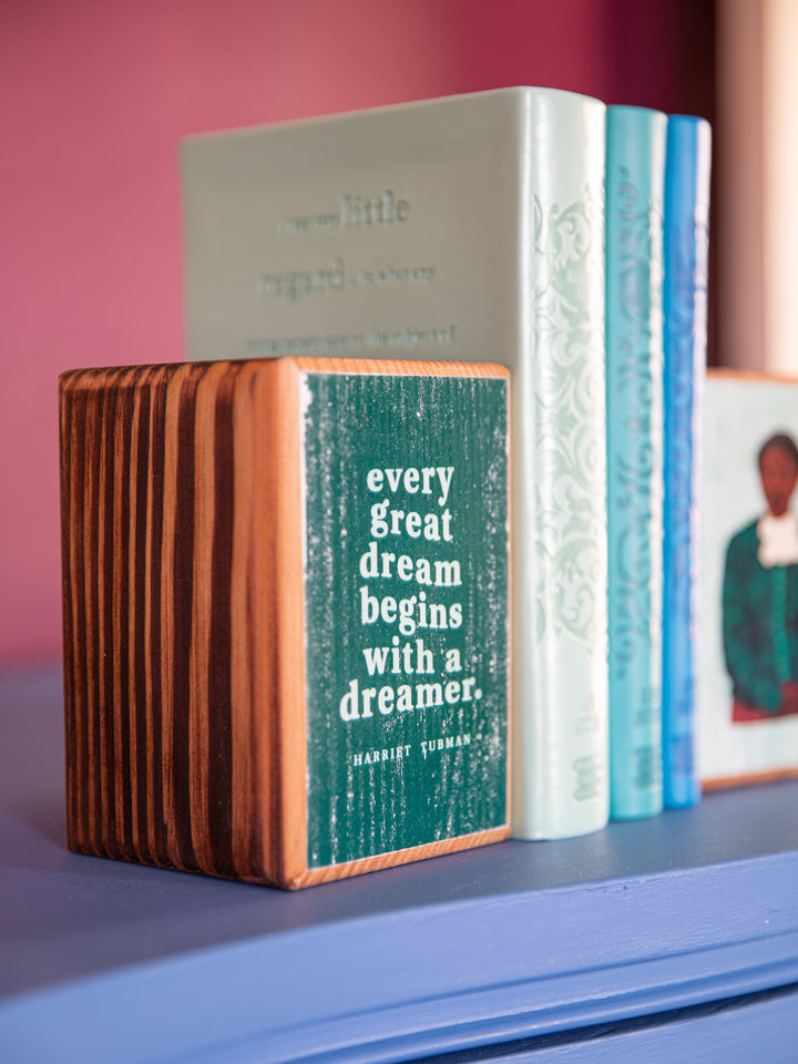 close up of quote bookend. harriet tubman art