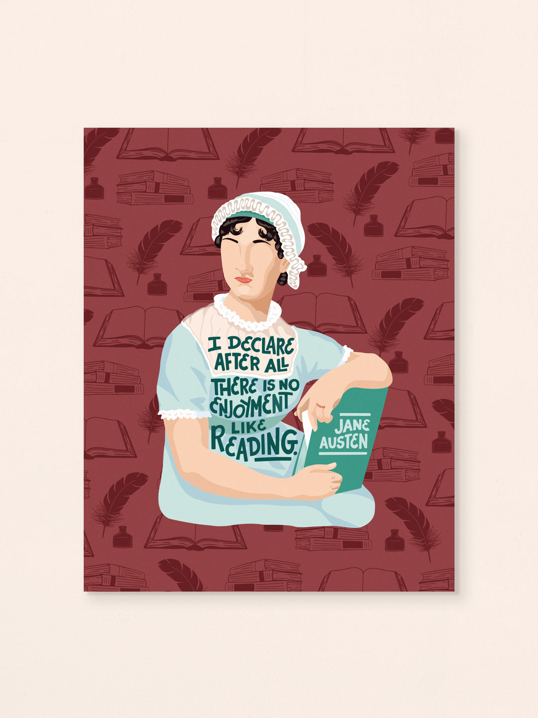 Jane Austen illustrated art print on white background unframed. Jane Austen gifts