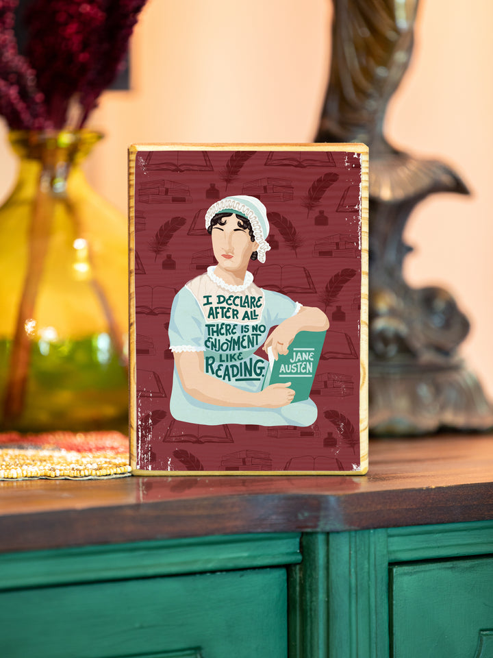 Jane Austen 5x7 wood art on green dining room buffet with vase and lamp in the background. Jane Austen gifts