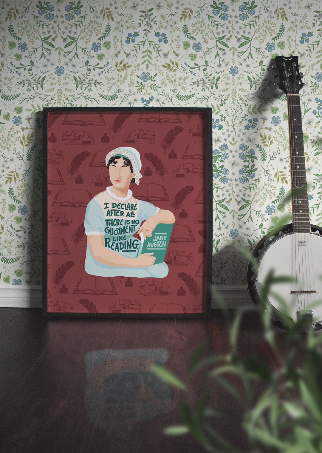 Large poster print of Jane Austen illustration framed and leaning against a wall.  Jane Austen gifts