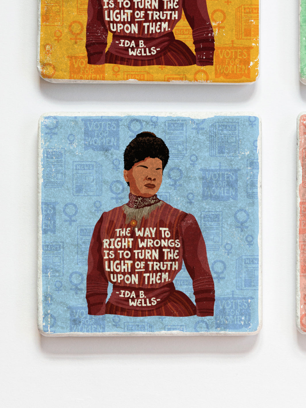 Original illustration of Ida B. Wells with her quote, "The way to right wrongs is to turn the light of truth upon them." marble coaster set of 4 on a white background close up view. ida b wells art