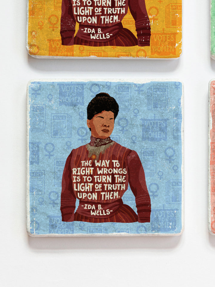 Original illustration of Ida B. Wells with her quote, "The way to right wrongs is to turn the light of truth upon them." marble coaster set of 4 on a white background close up view. ida b wells art