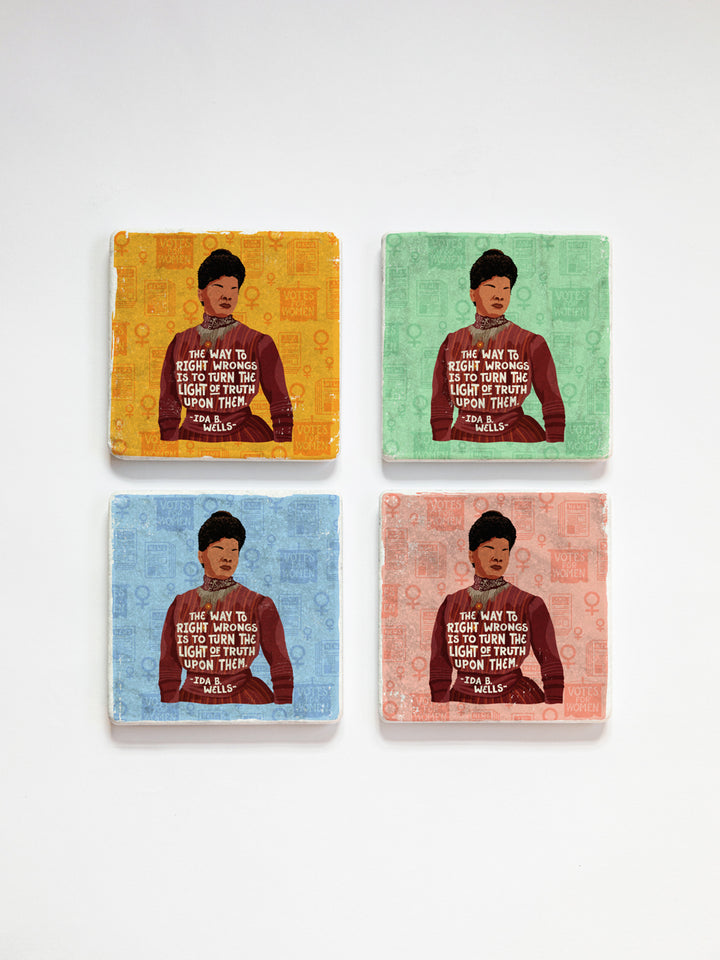 Original illustration of Ida B. Wells with her quote, "The way to right wrongs is to turn the light of truth upon them." marble coaster set of 4 on a white background. ida b wells art