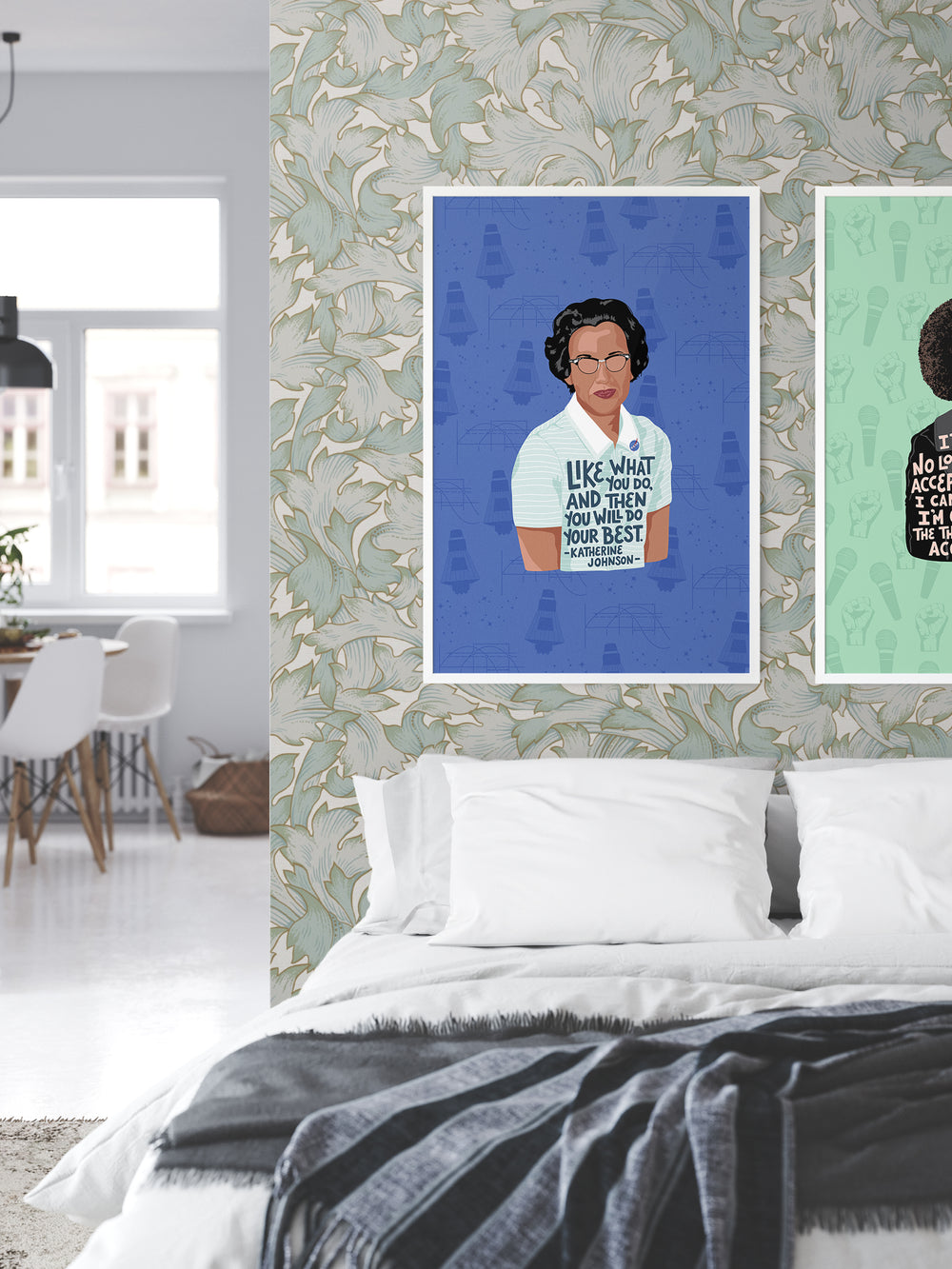 Large poster print hanging above a bed. Katherine Johnson art