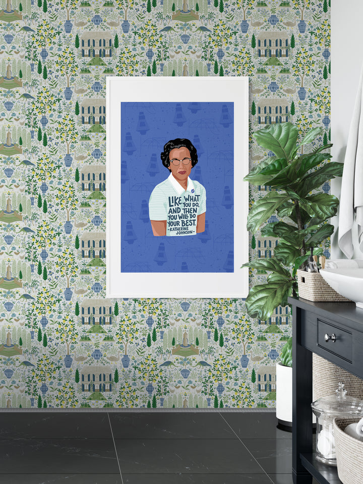 Lifestyle photo of katherine johnson print framed and hanging on a bathroom wall. Katherine Johnson art
