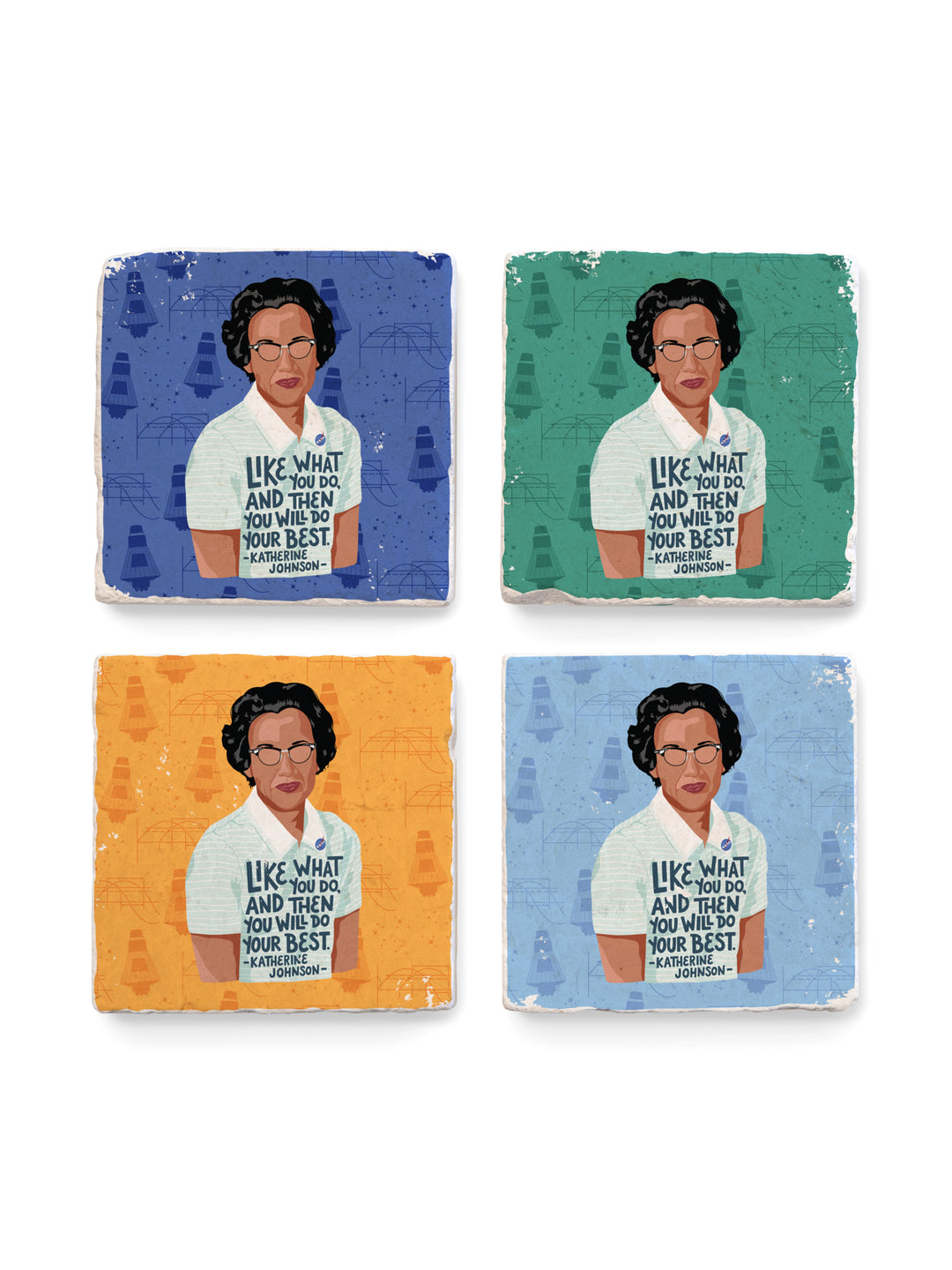 Set of 4 marble coasters. Each coaster depicts the same illustration of Katherine Johnson on a different colored background. Dark blue, green, yellow, and light blue. Katherine Johnson art