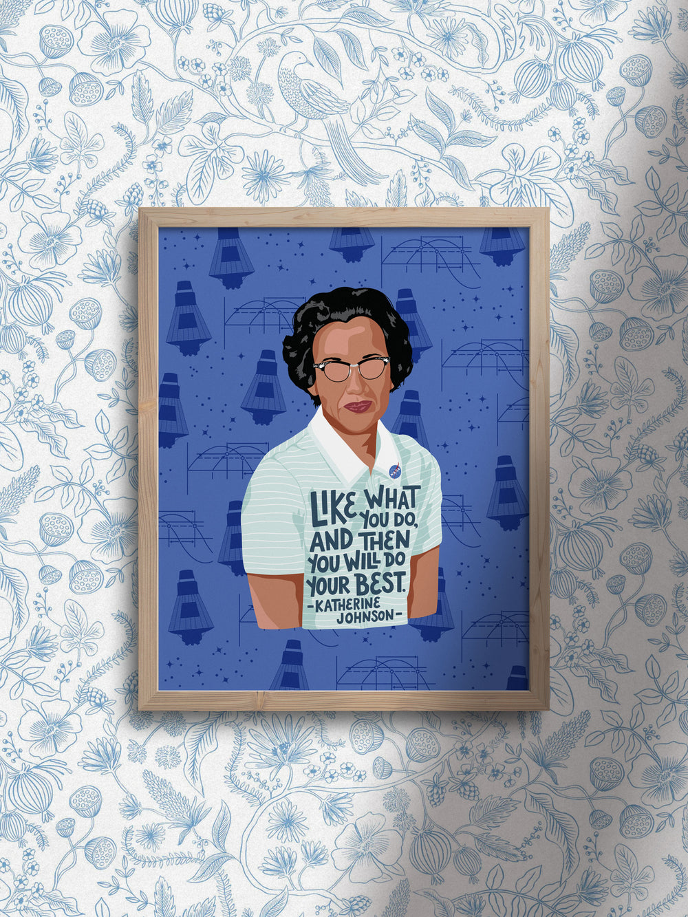 Framed and hung print of Katherine Johnson. Lifestyle photo. Katherine Johnson art