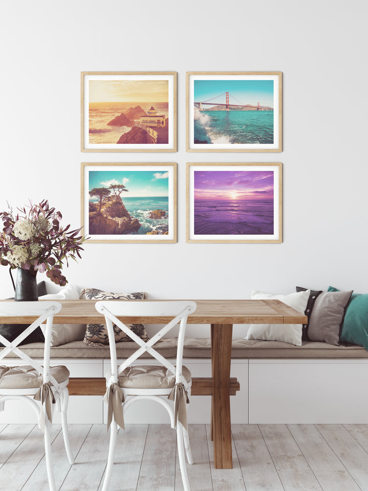 Beach house photography gallery wall: San Francisco Giant Camera, Golden Gate Bridge, Pebble Beach Lone Cypress, San Diego Sunset cliffs beach view