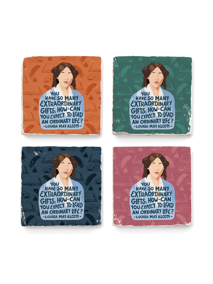 Louisa May Alcott marble coaster set of 4 on white background. Louisa May Alcott gifts