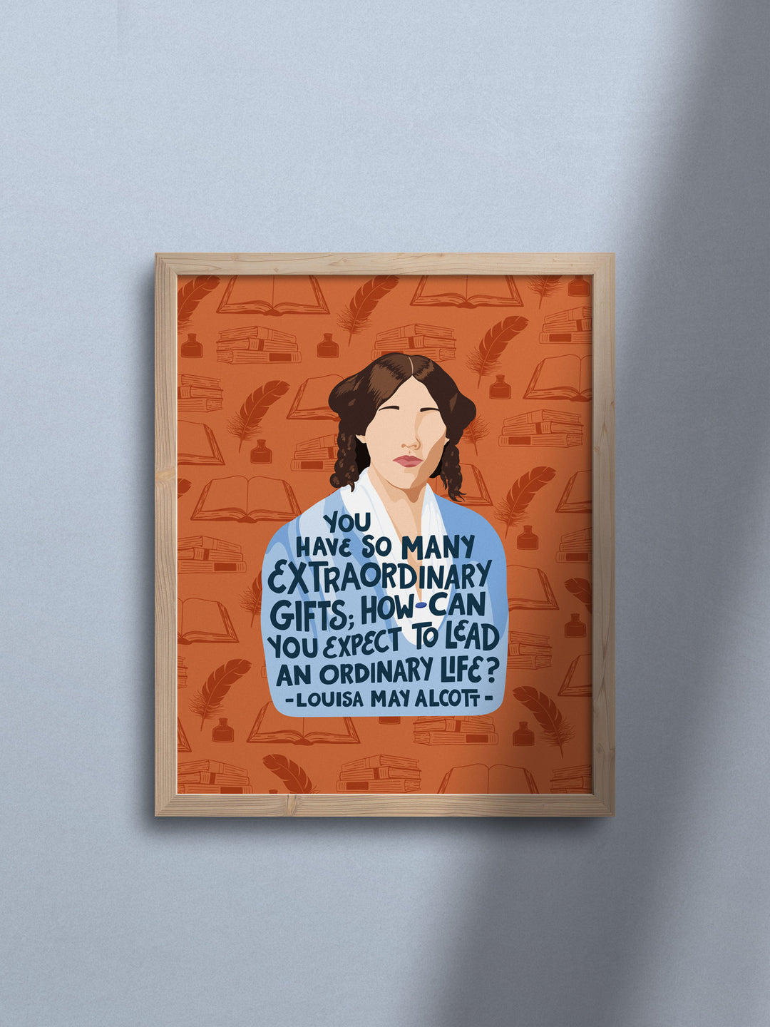 Louisa May Alcott illustrated 8x10 art print in wood frame on blue wall with shadow. Louisa May Alcott gifts