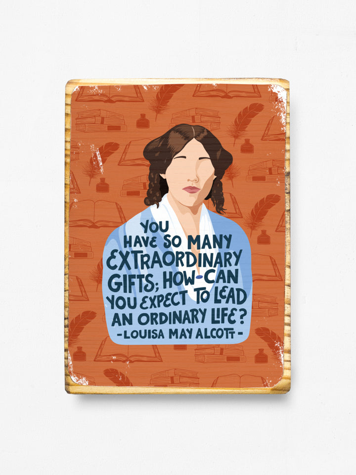 Louisa May Alcott 5x7 wood art on white background. Louisa May Alcott gifts