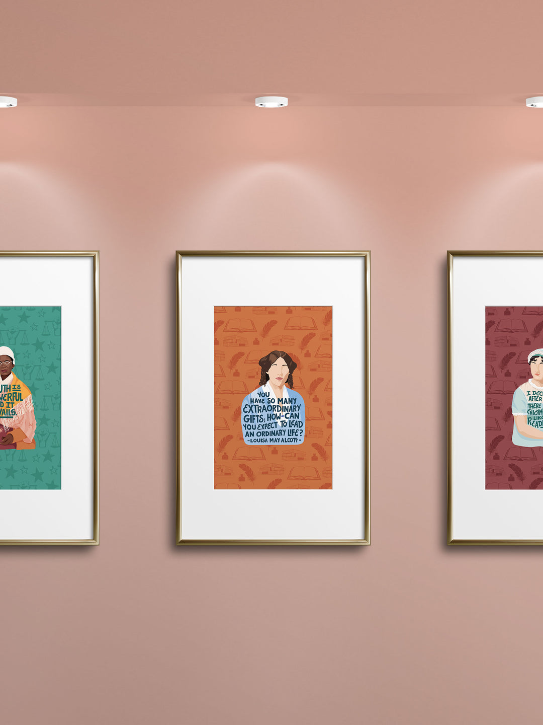 Gallery style wall with several prints. Sojourner truth to the left, Louisa May Alcott in the center, and Jane Austen to the right. Louisa May Alcott gifts