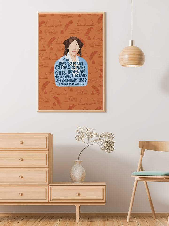 Large poster print of Louisa May Alcott framed and hung in bedroom above a dresser. Louisa May Alcott gifts