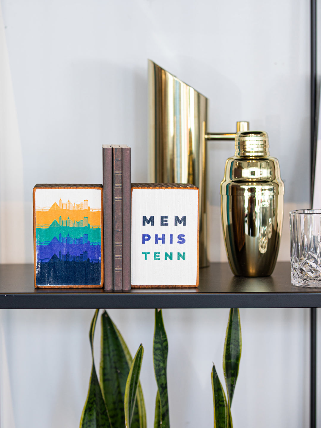 Memphis Retro city Skyline colorful cityscape illustration silhouette wood Bookends office bar decor