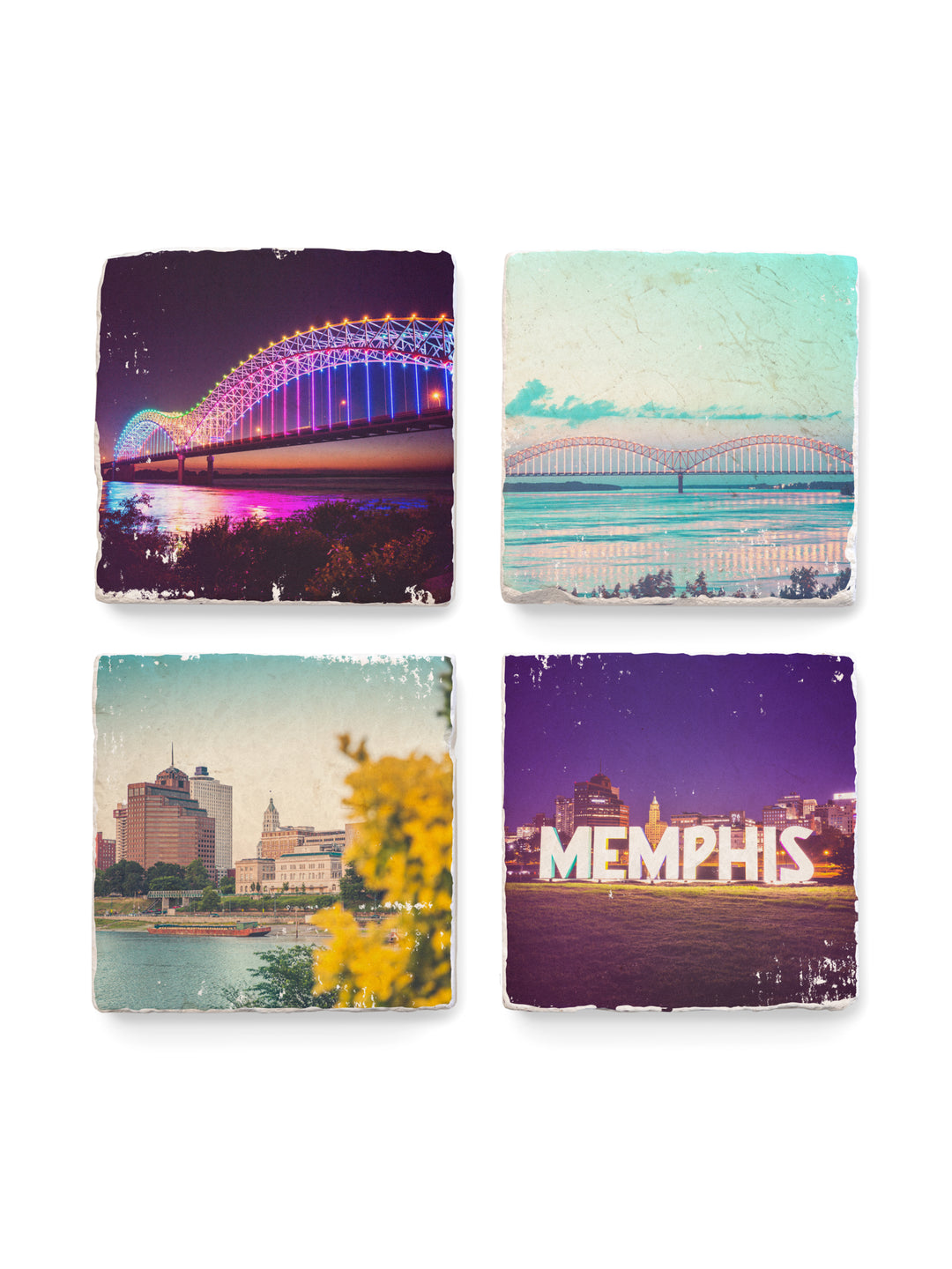 Memphis bridge and downtown skyline views on marble coaster set