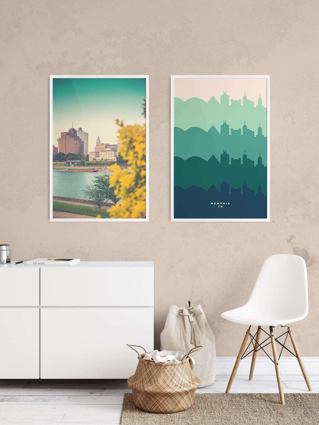 Downtown Memphis landmark buildings, large photography print, paired with retro skyline poster
