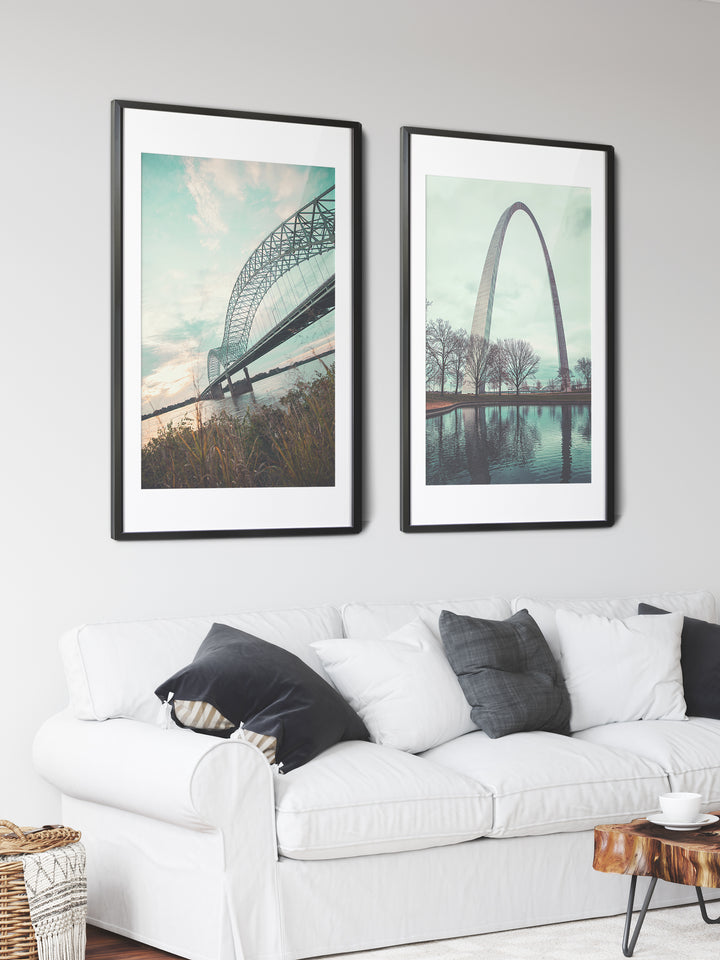 Daytime Memphis bridge paired with the St. Louis Arch, large photography prints