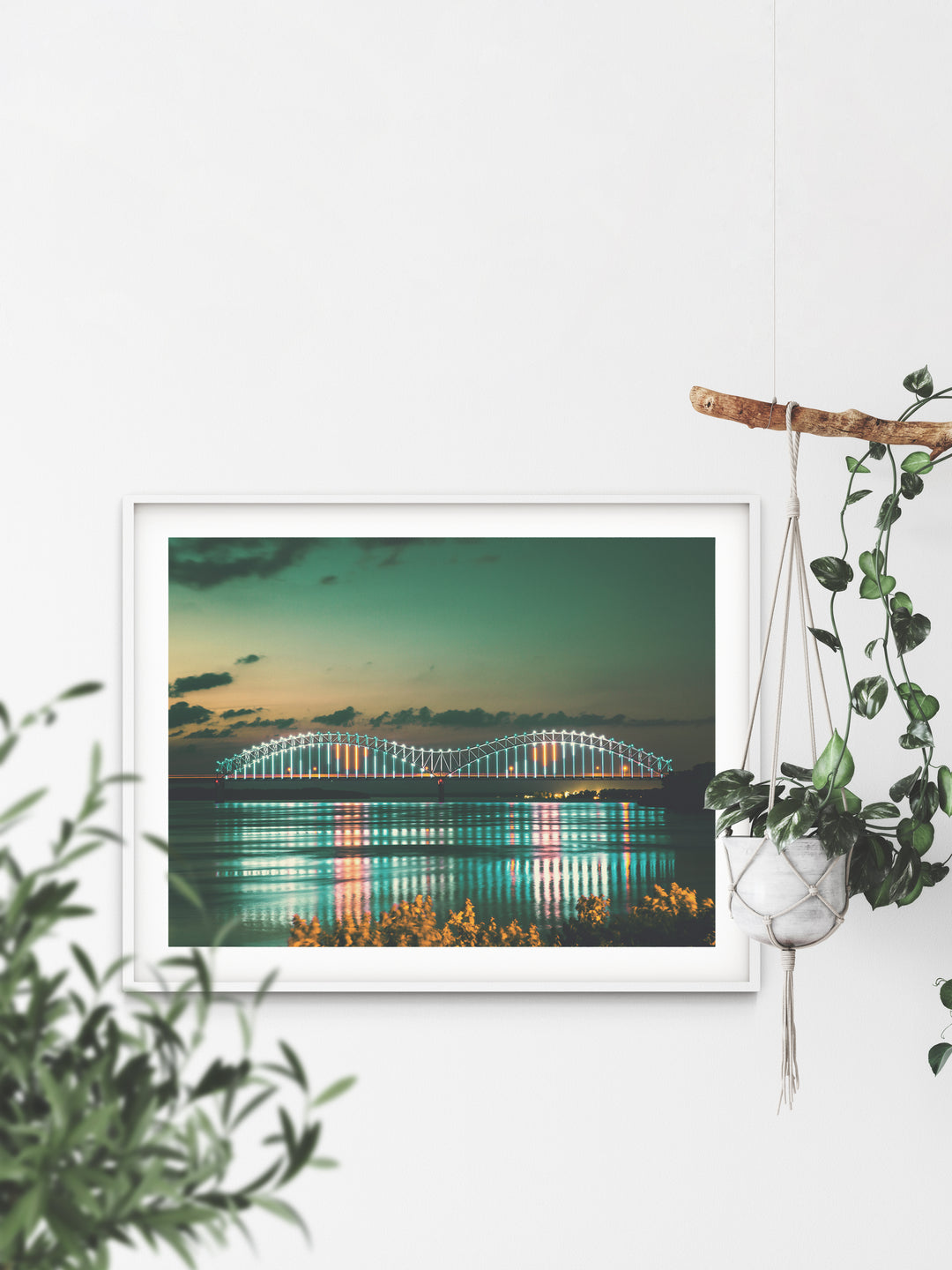 Nighttime photography print of the mighty lights on the Memphis bridge at sunset