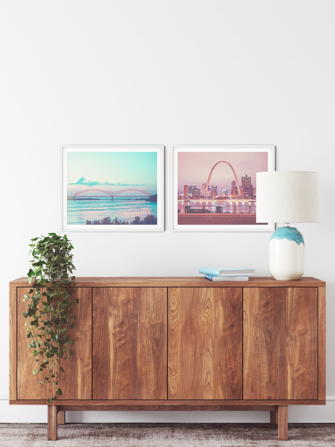Memphis tennessee downtown M bridge photography print, paired with photo of St Louis arch