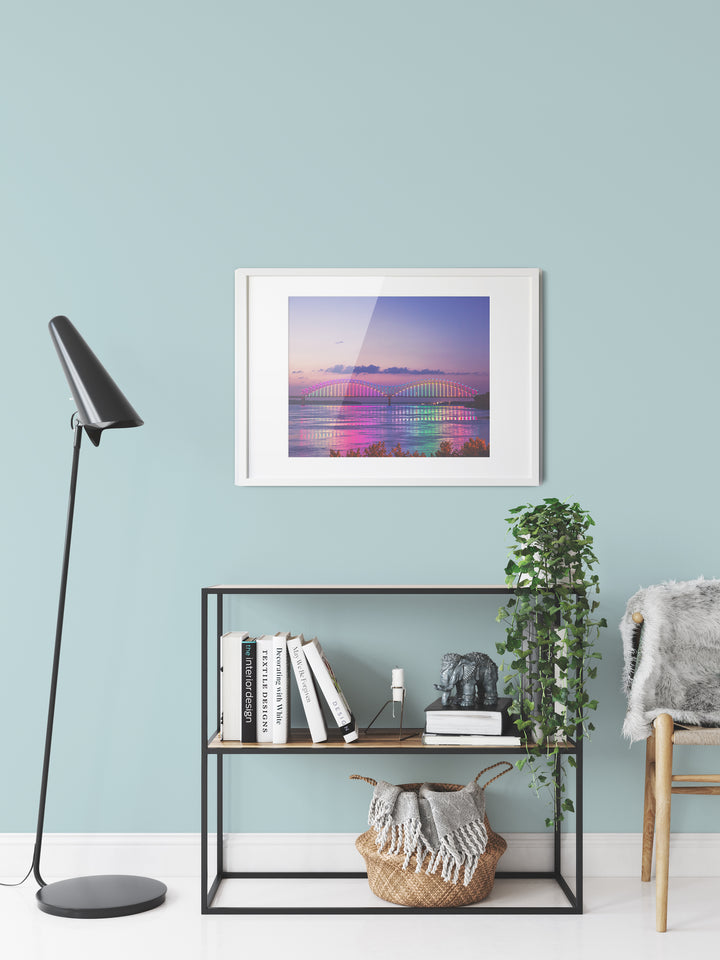 Colorful Mighty Lights on the Memphis bridge at sunset, large photography print