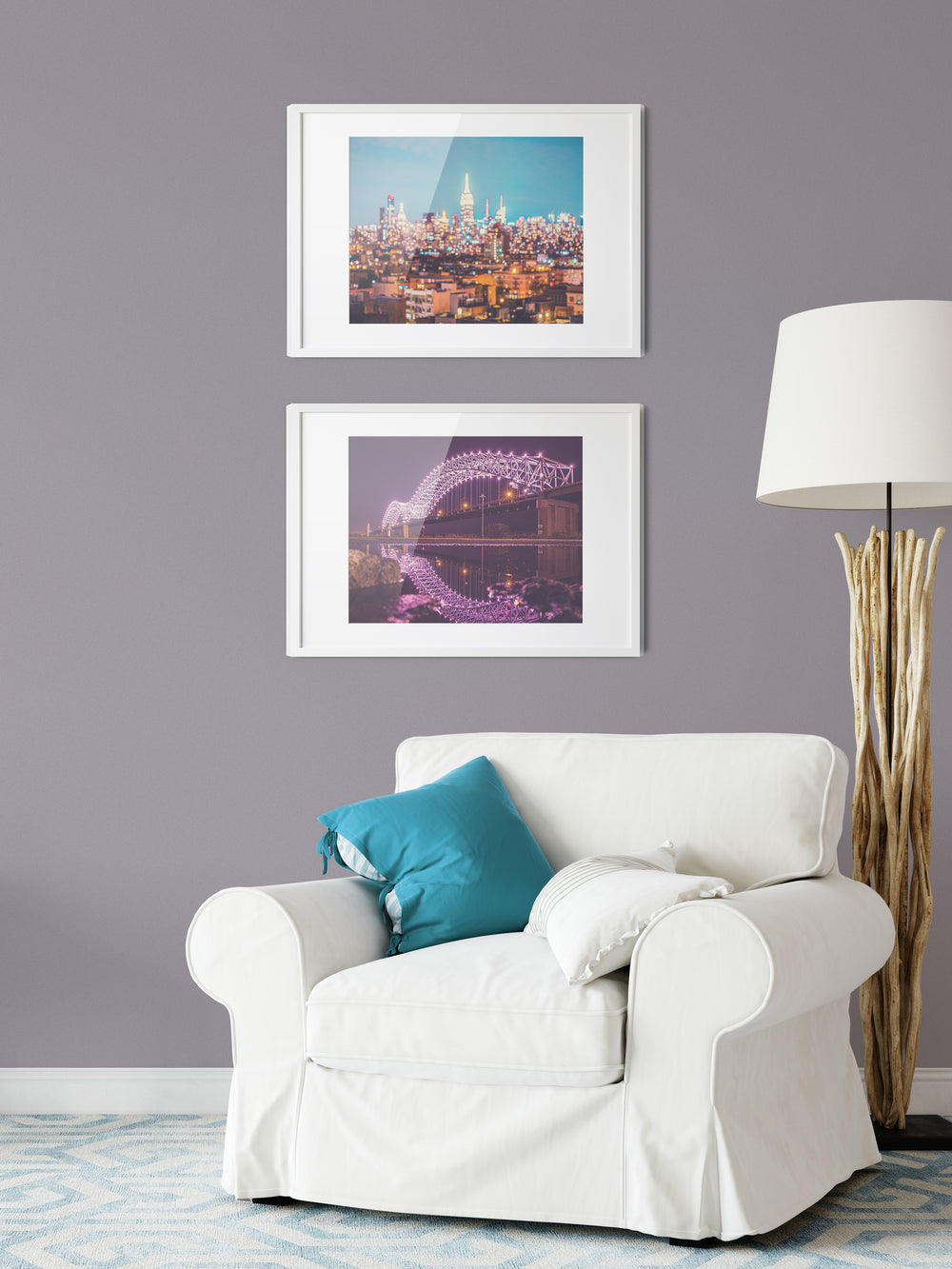 Memphis TN bridge with water reflection, large photography print, paired with NYC bokeh light skyline photography