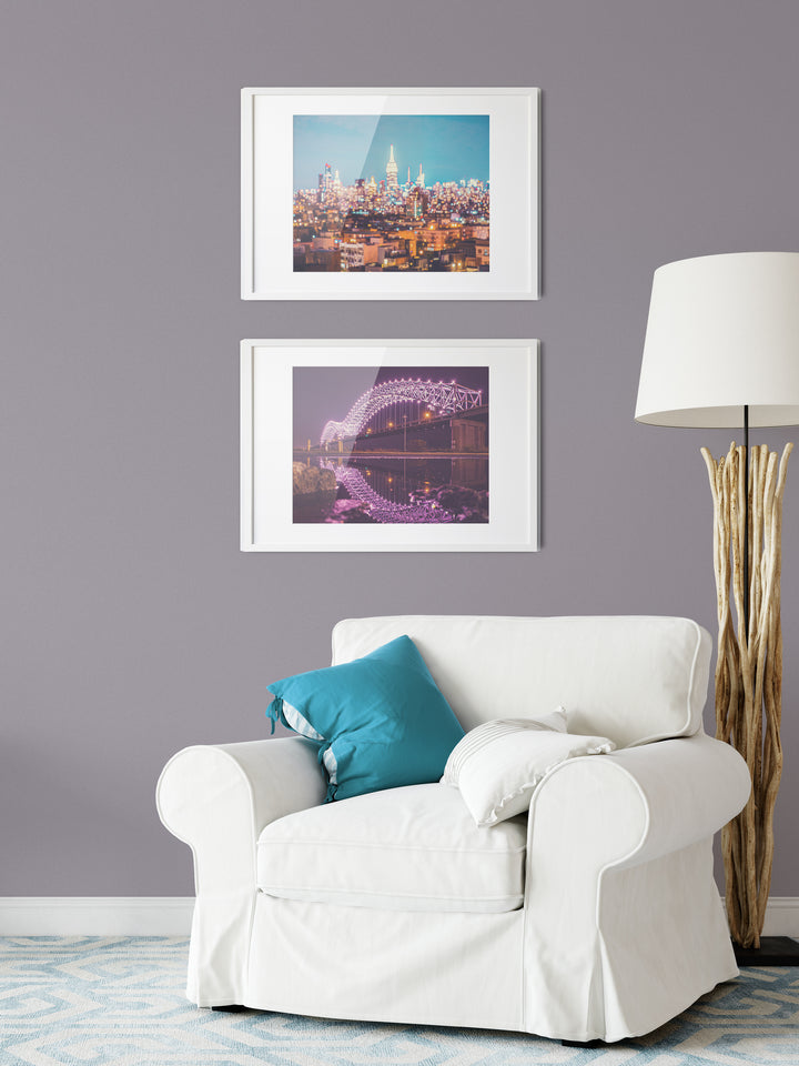 Memphis TN bridge with water reflection, large photography print, paired with NYC bokeh light skyline photography