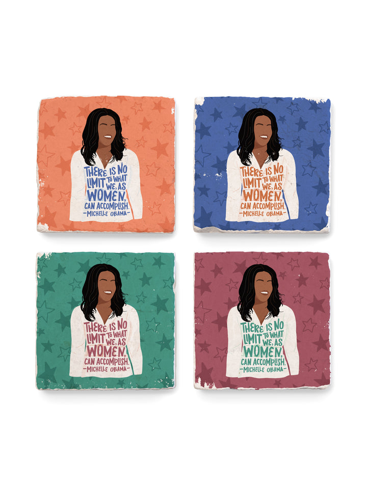 Michelle Obama feminist illustration and women quote on marble coaster tiles, set of four. Michelle Obama merchandise