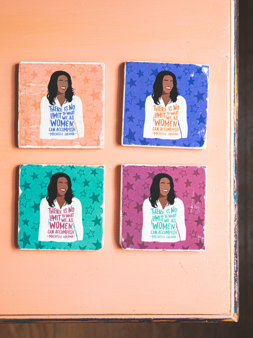Michelle Obama feminist illustration + quote on marble coaster, set of four. Michelle Obama merchandise
