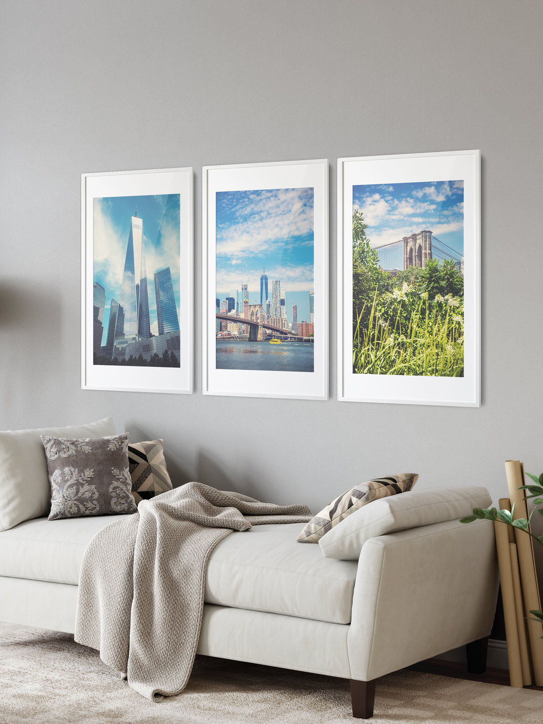 New York City large photography prints: One World Trade Center, Brooklyn Bridge in front of the Manhattan skyline and a close-up view of the Brooklyn Bridge