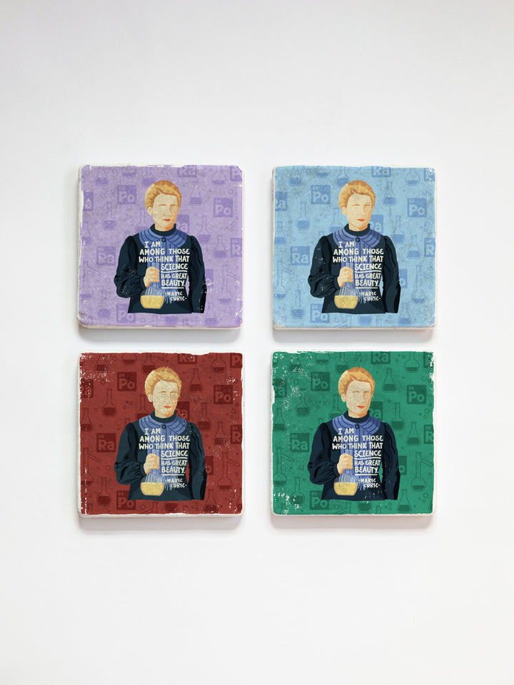 Marie Curie marble coaster set in purple, gree, maroon and light blue on a white background. Marie Curie art