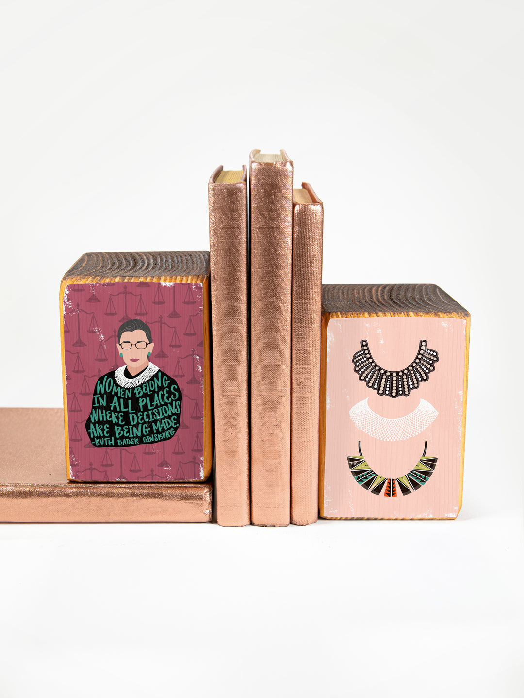 Ruth Bader Ginsburg art. bookend set of rbg portrait and collar illustation