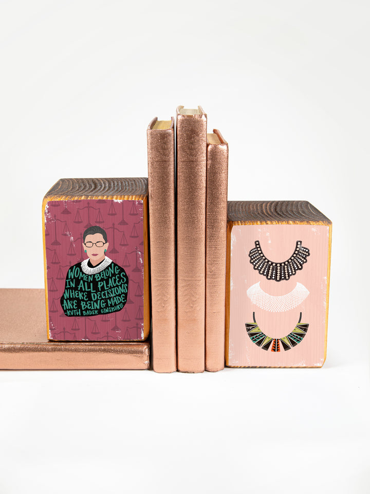 Ruth Bader Ginsburg art. bookend set of rbg portrait and collar illustation