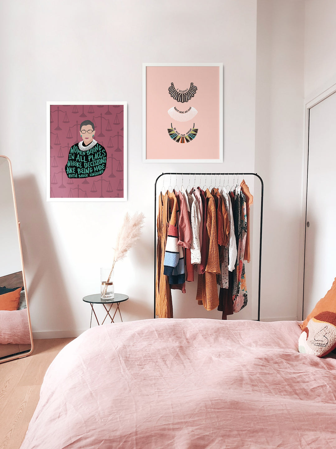 rbg poster print and collar print hanging in bedroom. Ruth Bader Ginsburg art